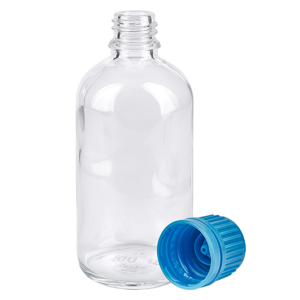 Butelka 100 ml 11 mm SV niebieski OV ClearLine UT18/100 Przezroczysta szklana butelka o pojemności 100 ml, model UT18, z otwartym niebieskim zamknięciem zabezpieczającym 11 mm SV