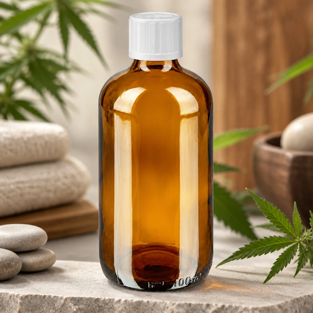 Butelka apteczna o pojemności 100 ml z brązowego szkła z białą nakrętką KiSi, z motywem liści konopi i kamieni wellness