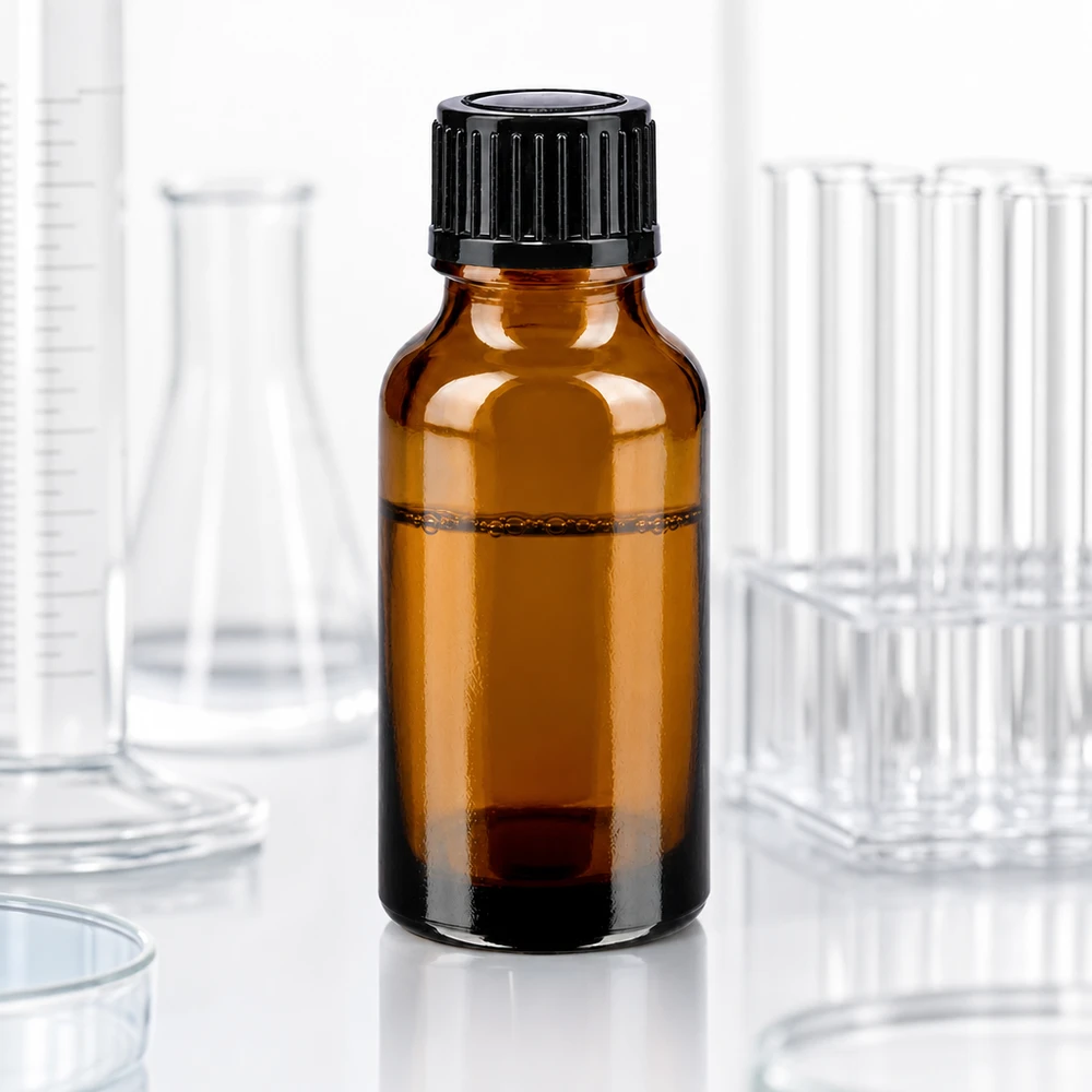 Butelka apteczna o pojemności 20 ml, z brązowego szkła, z czarną nakrętką, w środowisku laboratoryjnym