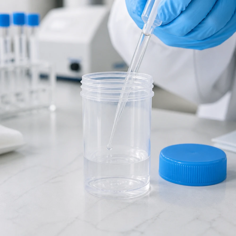 Laborant pipetuje próbkę do uniwersalnego plastikowego pojemnika o pojemności 35 ml z niebieską pokrywką