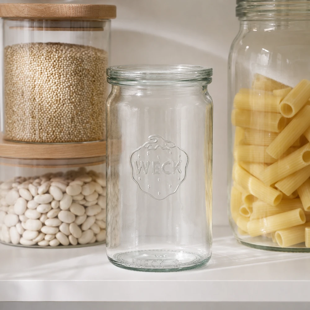 Słoik cylindryczny 340 ml ze szklaną pokrywką WECK RR60 WECK 340ml Zylinderglas RR60 leer in moderner Pantry zwischen Vorratsgläsern mit Hülsenfrüchten und Nudeln Küchenausstat