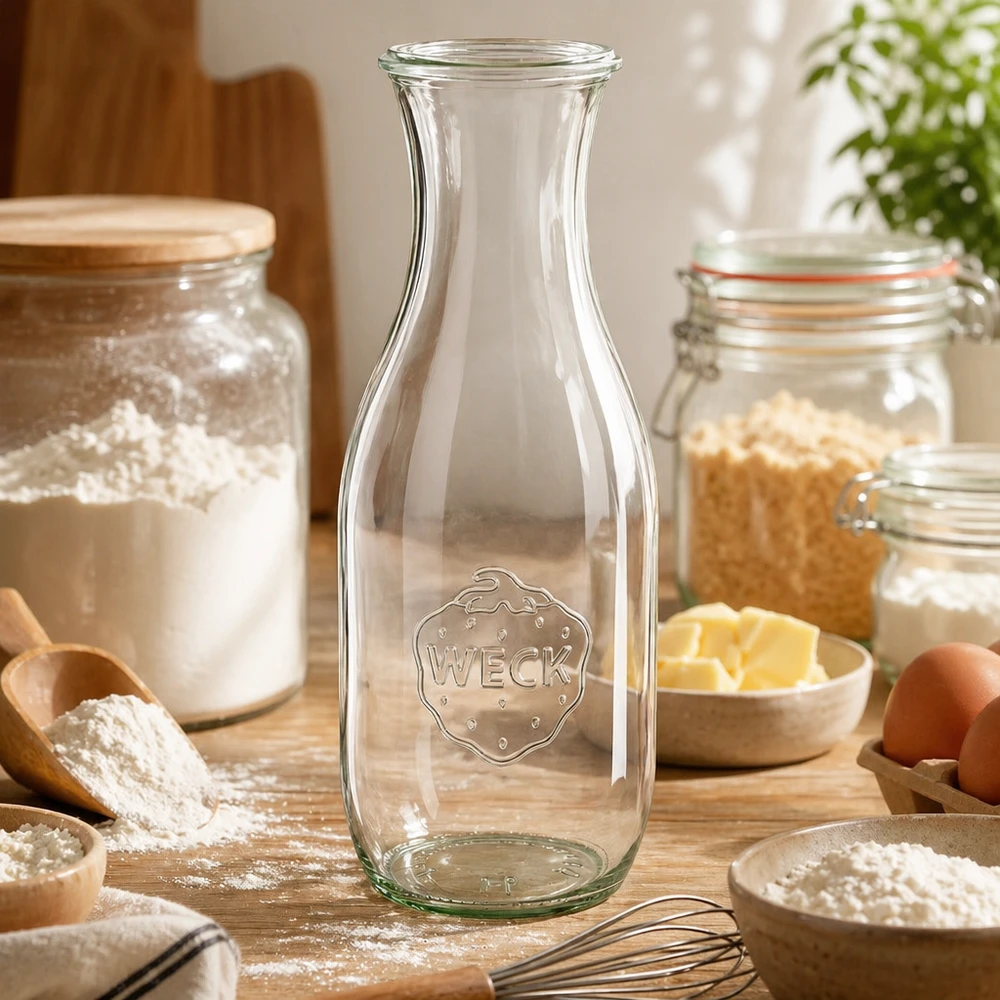 Butelka na sok WECK 1062ml RR60 w kuchni do pieczenia z mąką jajkami masłem i składnikami do pieczenia jako wszechstronny pojemnik kuchenny