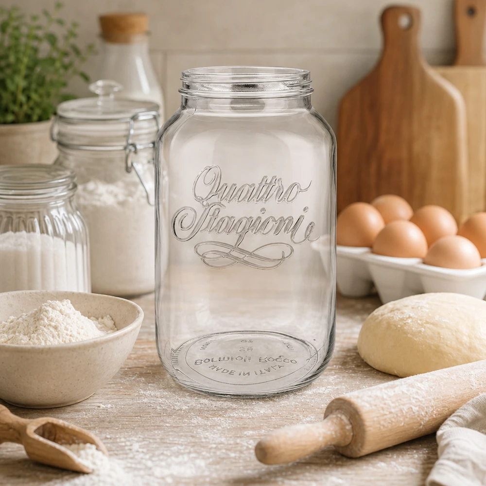 Szkło gospodarcze "Quattro Stagioni" o pojemności 3800 ml 3800ml Quattro Stagioni Haushaltsglas in rustikaler Küche mit Backzutaten, perfekt für Vorratshaltung und Dekoration