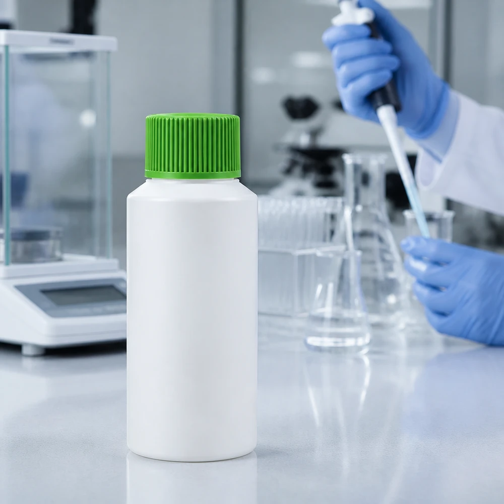 Kompaktowa, biała butelka z HDPE o pojemności 30 ml z zielonym zamknięciem zabezpieczającym obok wagi analitycznej w laboratorium