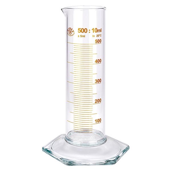 Cylinder miarowy 500 ml NF wykonany ze szkła, brązowa skala. NF = niska forma. Skala wykonana ze szkła borokrzemowego z wylewką. Sześciokątna podstawa. Cylinder miarowy 500 ml NF wykonany ze szkła, brązowa skala. NF = niska forma. Skala wykonana ze szkła borokrzemowego z wylewką. Sześciokątna podstawa.