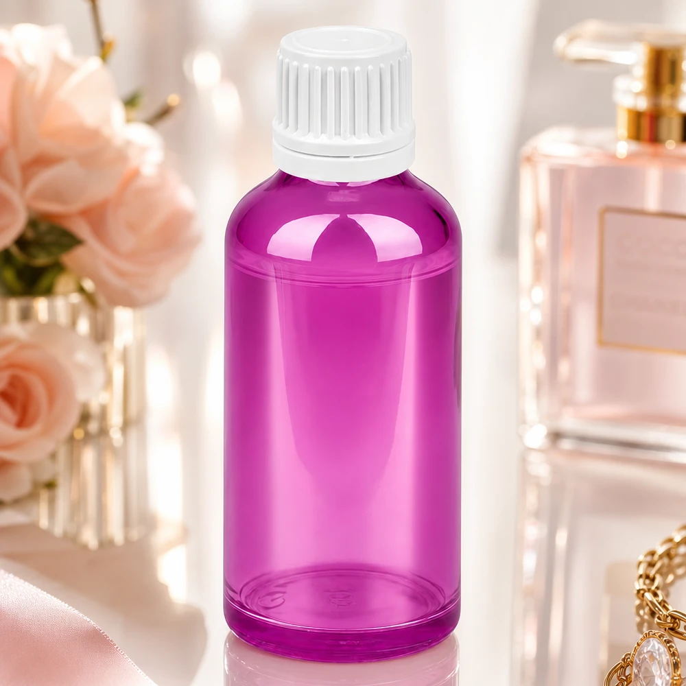 Butelka 50ml 11mm zakrętka biała Oryginalna zakrętka PurpleLine UT18/50 Elegancka designerska butelka 50 ml w kolorze fioletowym z białą zakrętką do produktów kosmetycznych premium