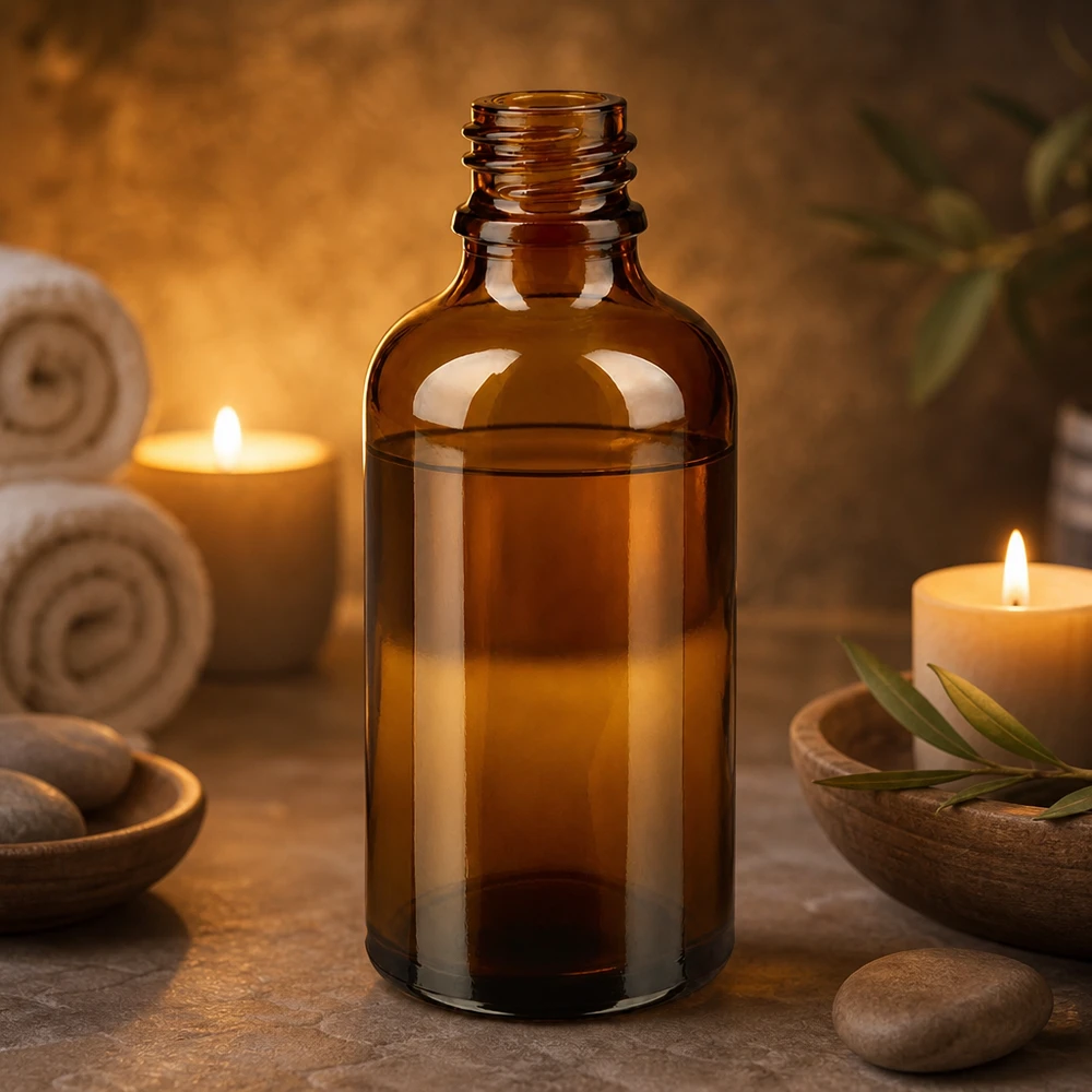 Butelka z zakraplaczem 50 ml DIN 18 wykonana z bursztynowego szkła 50 ml brązowa butelka apteczna ApoGlas z olejkiem w ciepłym świetle świec Atmosfera wellness obok kamieni spa