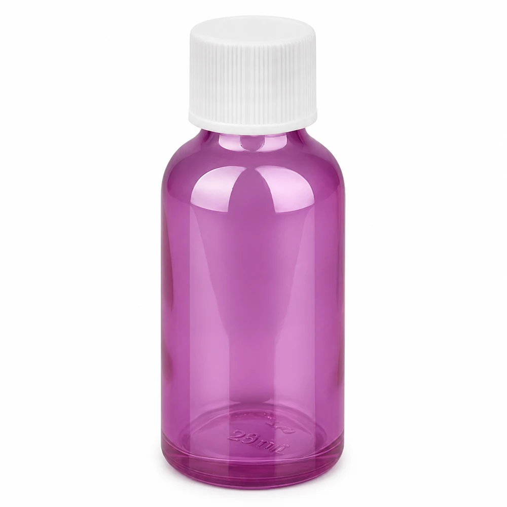 Butelka 30 ml z zakrętką 11 mm, biała, standardowa PurpleLine UT18/30 Szklana butelka 30 ml w kolorze fioletowym z białą zakrętką do kosmetyków i farmaceutyków