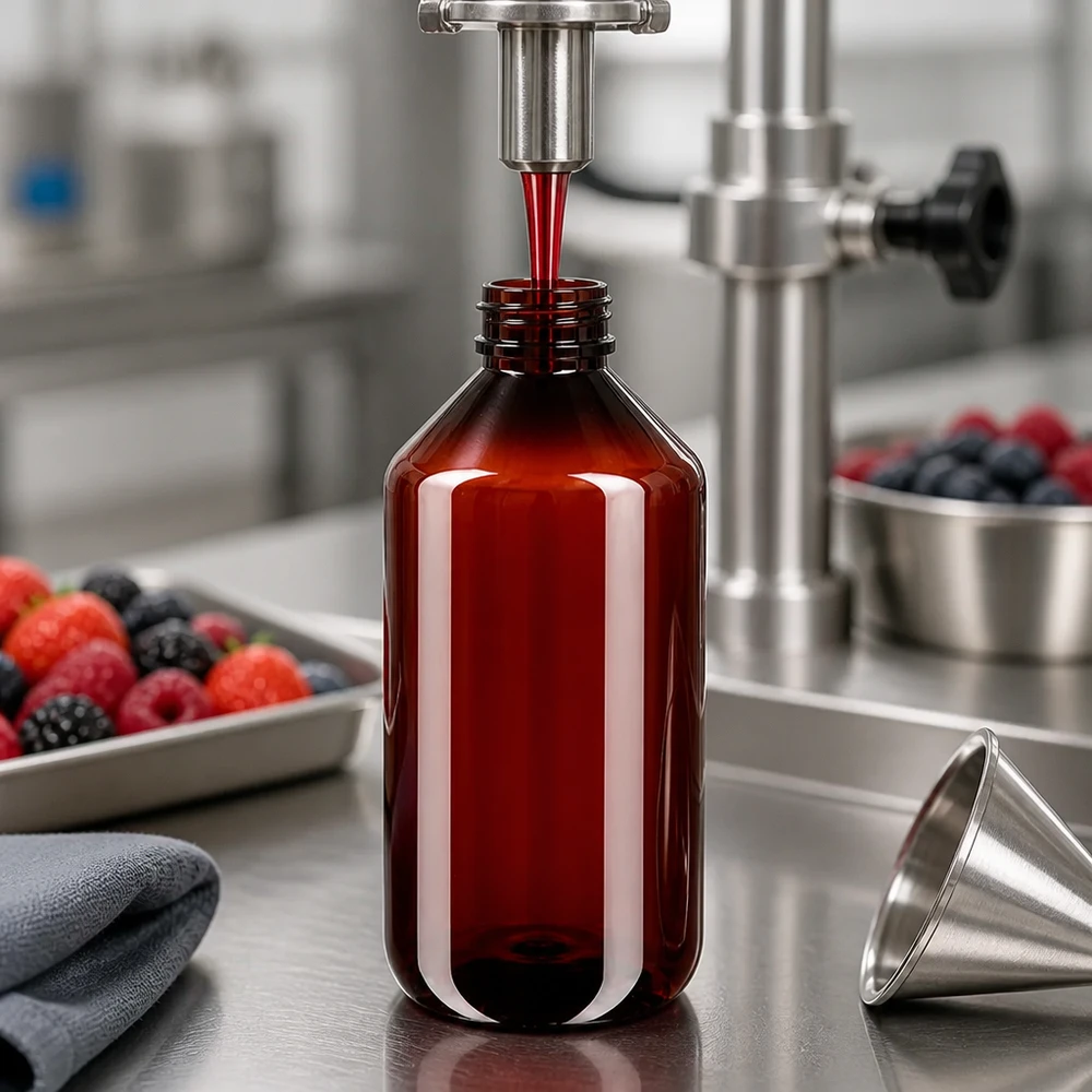 Butelka PET 500 ml z niebieską nakrętką OV Solidna brązowa butelka PET o pojemności 500 ml z niebieską nakrętką w procesie rozlewu przemysłowego