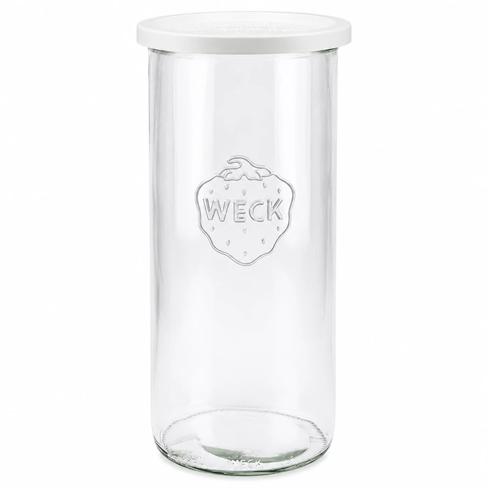 Kubki o pojemności 1500 ml z pokrywką WECK RR100 Słoik do przechowywania WECK 1500 ml z białą pokrywką RR100 z przezroczystego szkła z logo WECK do przechowywania