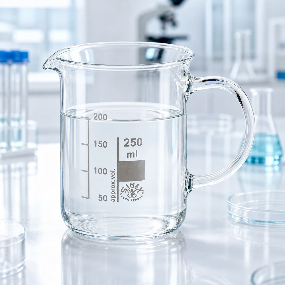Zlewka 250 ml ze szkła borokrzemowego, z uchwytem Przezroczysta szklanka o pojemności 250 ml z uchwytem i podziałką mililitrową w nowoczesnym laboratorium