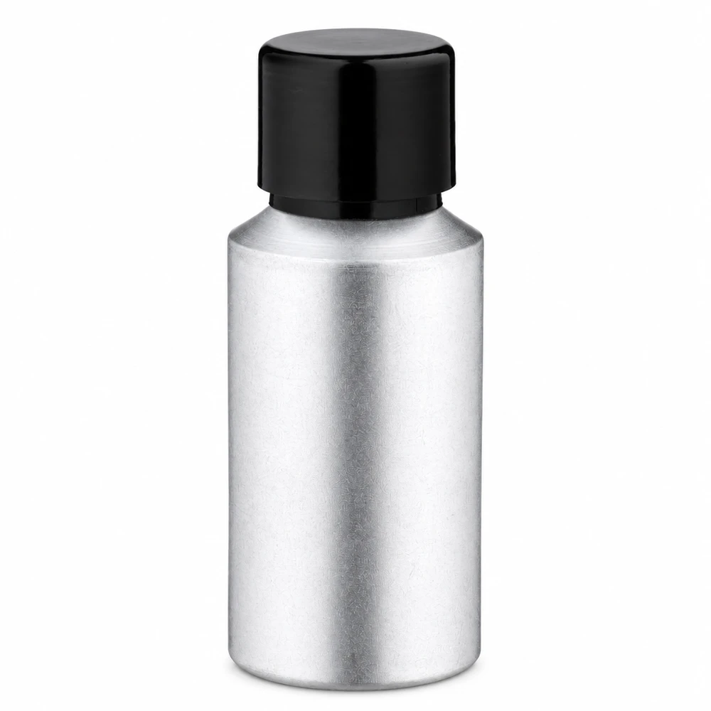 Butelka z barwionego aluminium o pojemności 30 ml z zakrętką Butelka z barwionego aluminium o pojemności 30 ml z czarną zakrętką do kosmetyków i olejków eterycznych