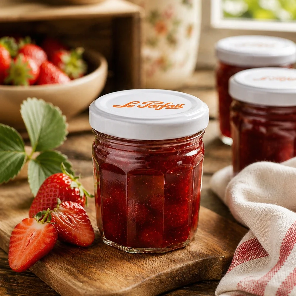 Mini słoiczki na dżem Le Parfait 44 ml z truskawkami i dżemem na drewnianej desce - idealne do domowych smarowideł