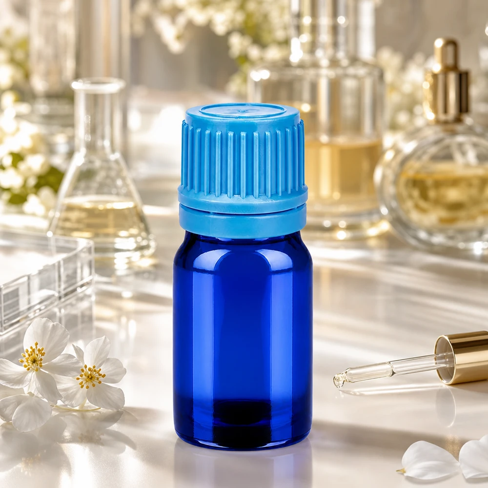 Niebieska butelka laboratoryjna o pojemności 5 ml z otworem 11 mm do precyzyjnego dozowania olejków eterycznych