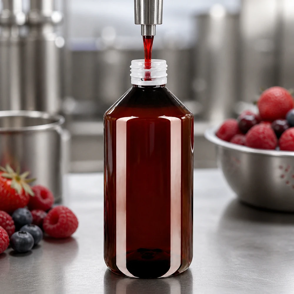 Butelka PET 750 ml z białym karbowanym OV Rozlewanie czerwonego soku jagodowego do brązowej butelki PET o pojemności 750 ml z białym, żłobkowanym zamknięciem śrubowym
