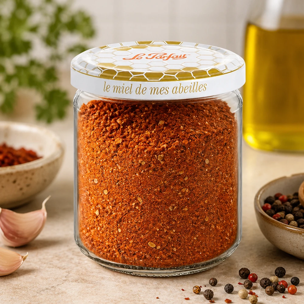Słoik do przechowywania miodu Le Parfait o pojemności 212 ml wypełniony mieszanką przypraw wraz z ziarenkami czosnku i oliwą z oliwek.
