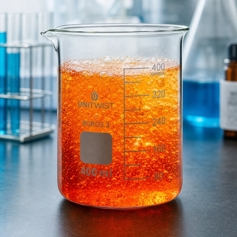 Zlewka 400ml borokrzemianowa, niski kształt UNiTWIST Szklanka UNiTWIST o pojemności 400 ml z musującym pomarańczowym płynem i widocznymi pęcherzykami w laboratorium