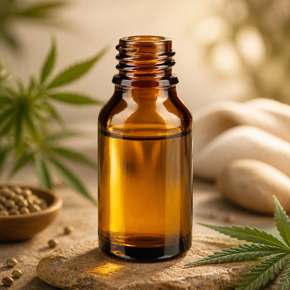 15 ml brązowa butelka ApoGlas z liśćmi konopi, nasionami konopi i kamieniami spa do naturalnych produktów wellness
