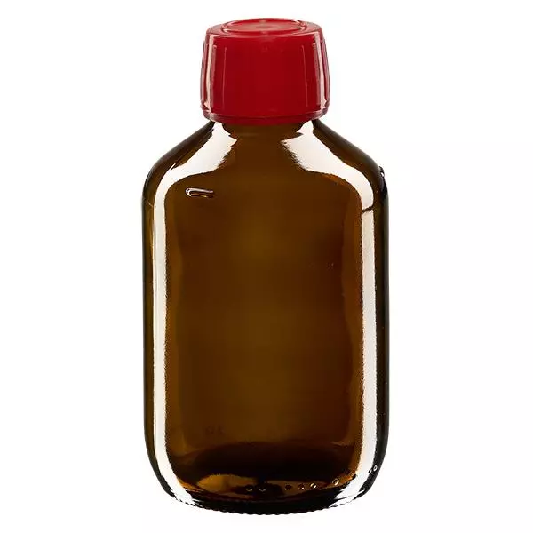 Butelka na lek 200 ml brązowa, czerwona zakrętka z pierścieniem zabezpieczającym ApoGlas. Farmaceutyczna jakość produkcji UE. Gwint 28 mm (PP28). (syrop, butelka z lekkiego szkła) Butelka na lek 200 ml brązowa, czerwona zakrętka z pierścieniem zabezpieczającym ApoGlas. Farmaceutyczna jakość produkcji UE. Gwint 28 mm (PP28). (syrop, butelka z lekkiego szkła)