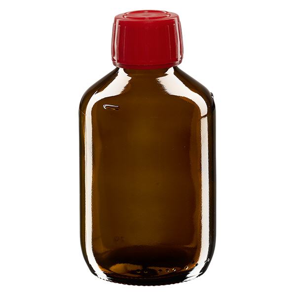 Butelka na lek 200 ml brązowa, czerwona zakrętka z pierścieniem zabezpieczającym ApoGlas. Farmaceutyczna jakość produkcji UE. Gwint 28 mm (PP28). (syrop, butelka z lekkiego szkła) Butelka na lek 200 ml brązowa, czerwona zakrętka z pierścieniem zabezpieczającym ApoGlas. Farmaceutyczna jakość produkcji UE. Gwint 28 mm (PP28). (syrop, butelka z lekkiego szkła)