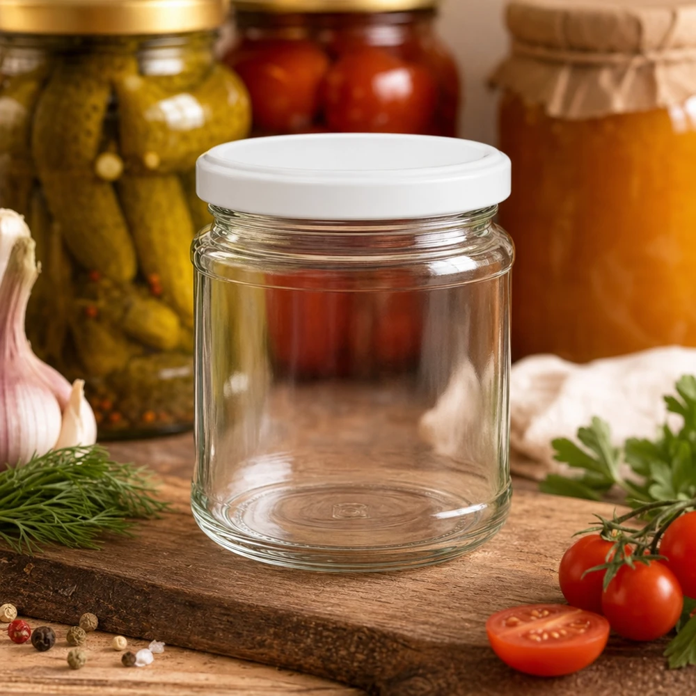 Słoik okrągły 212 ml z pokrywką BasicSeal białą UNiTWIST Słoik na przetwory 212 ml z białą pokrywką na drewnianej desce obok pomidorów, ziół i wypełnionych słoików na przetwory w tle