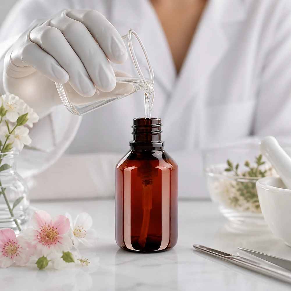 Kosmetyczka w białym fartuchu napełnia w laboratorium butelkę PET o pojemności 50 ml z czarną pompką dozującą