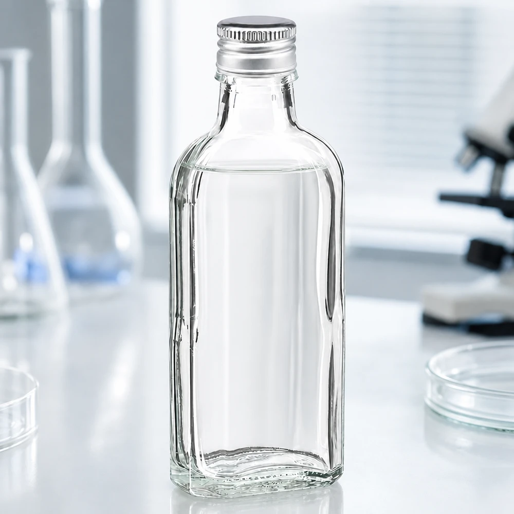 Przezroczysta butelka Meplat o pojemności 100 ml z srebrnym aluminiowym zakrętkiem PP22 w laboratorium