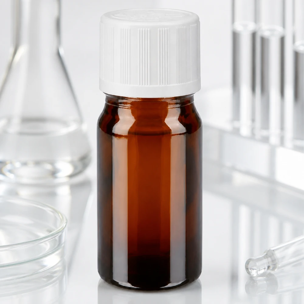 Butelka apteczna brązowa 5ml z kroplomierzem biała KiSi St 5 ml buteleczka z brązowego szkła z białym zamknięciem zabezpieczającym przed dziećmi, znajdująca się w laboratorium pomiędzy kolbami szklanymi a probówkami
