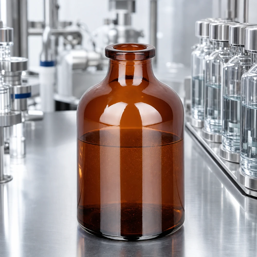 Butelka iniekcyjna z bursztynowego szkła 50 ml Injektionsflasche Braunglas 50ml mit bernsteinfarbenem Glaskörper in pharmazeutischer Produktionsumgebung