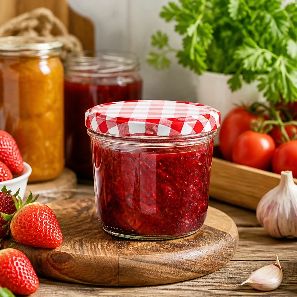 Kubki o pojemności 230 ml w kuchennej scenerii wypełnione dżemem truskawkowym i pokrywką BasicSeal w czerwono-białą szachownicę