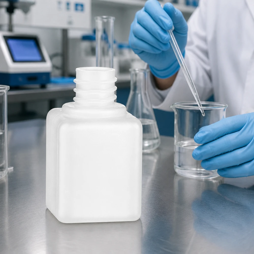 Butelka na chemikalia 20ml, wąska szyjka wykonana z PE-HD, kolor naturalny, GL 18 Kompaktowa butelka na substancje chemiczne o pojemności 20 ml, wykonana z PE-HD, z wąską szyjką GL18, obok kolby Erlenmeyera w laboratorium czystym