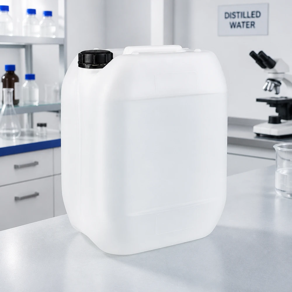 Kanister laboratoryjny o pojemności 10 l, wykonany z tworzywa HDPE, przeznaczony do przechowywania wody destylowanej w zastosowaniach naukowych