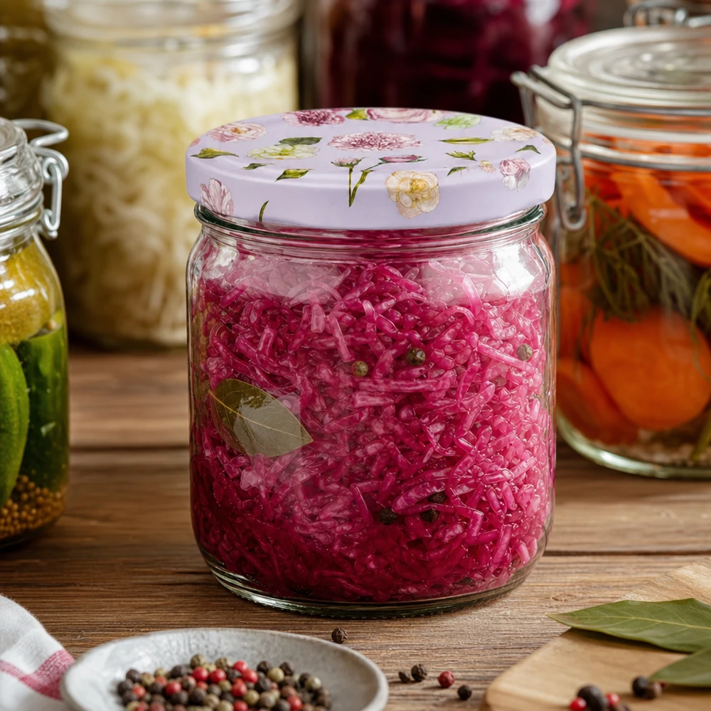 425 ml okrągłe szkło + BasicSeal pokrywka kwiat różowa UN.. Okrągły słoik o pojemności 425 ml z różową pokrywką w kształcie kwiatu, wypełniony sfermentowaną czerwoną kapustą i przyprawami pokazującymi konserwację