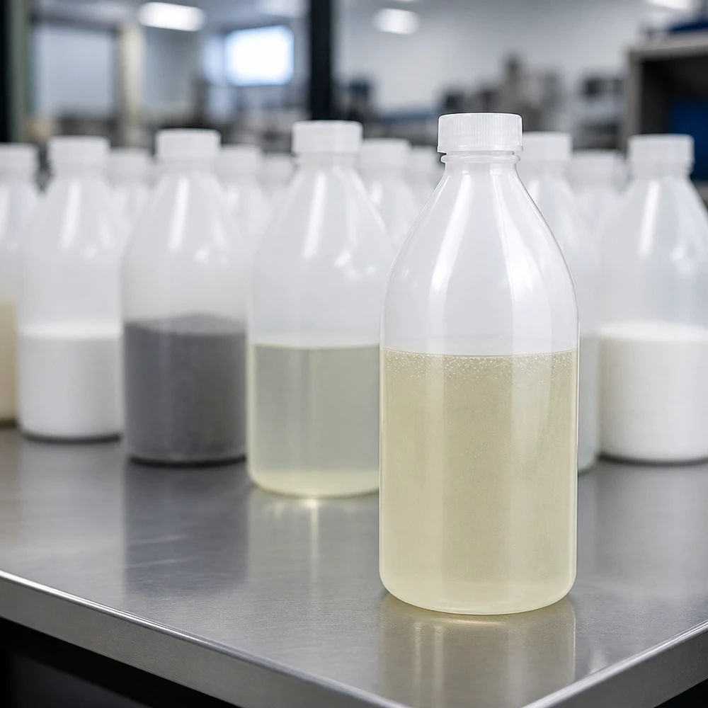 Butelka zakręcana 500 ml, butelka laboratoryjna z wąską szyjką Transparente 500ml Enghals Schraubflasche mit cremefarbener Flüssigkeit im Vordergrund