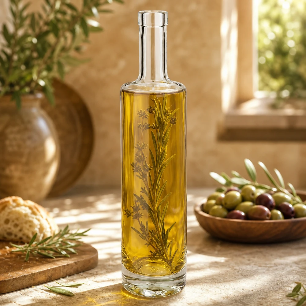 Szklana butelka 500 ml Lina bez zamknięcia UNiTWIST® 500ml Glasflasche Lina gefüllt mit Kräuteröl Dekoration Küche mediterran Lifestyle Anwendungsbeispiel Bild 2 von 10