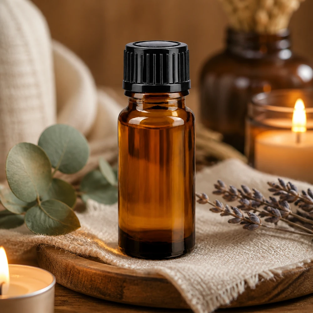 Butelka apteczna brązowa 10ml zakrętka czarna szt. Butelka z brązowego szkła do aromaterapii o pojemności 10 ml z czarnym zakraplaczem, obok świec i ziół