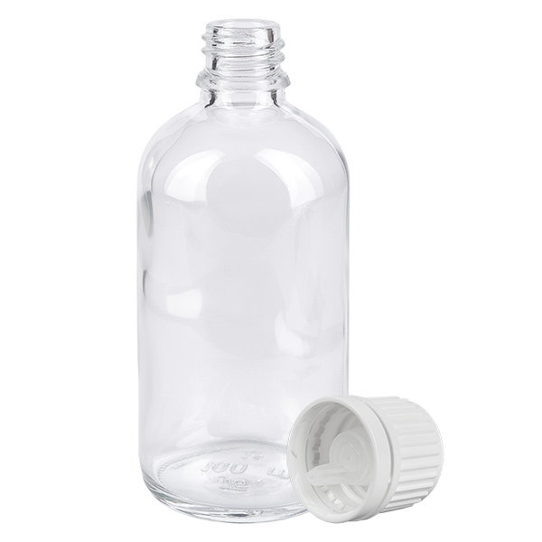 100 ml butelka z kroplomierzem 0,7 mm biała OV ClearLine UT18/100 Przezroczysta butelka z zakraplaczem o pojemności 100 ml, wykonana z przezroczystego szkła, z białą zakrętką i zabezpieczeniem przed manipulacją