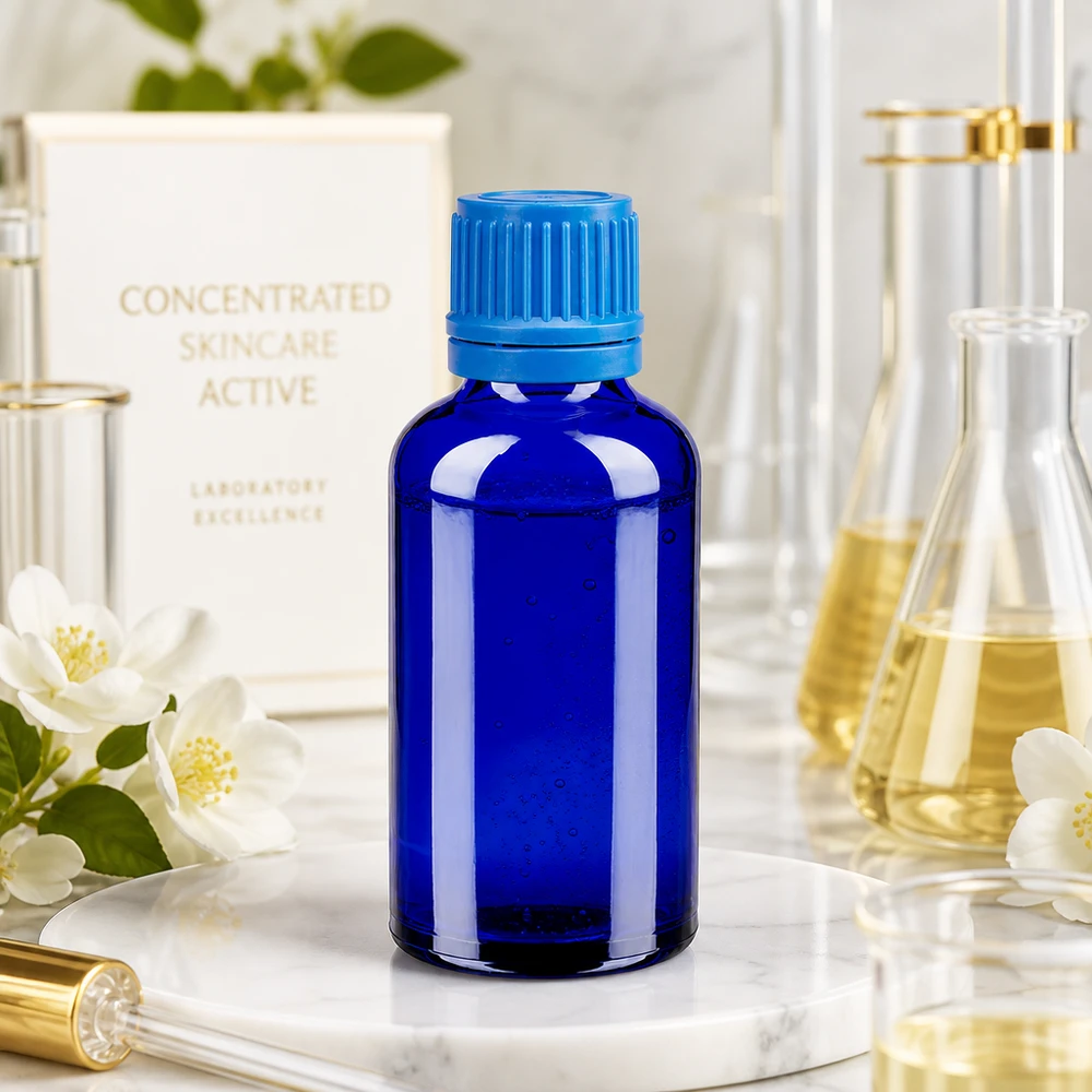 Wysokiej jakości szklana butelka o pojemności 50 ml w jasnoniebieskim kolorze z żebrowaną zakrętką