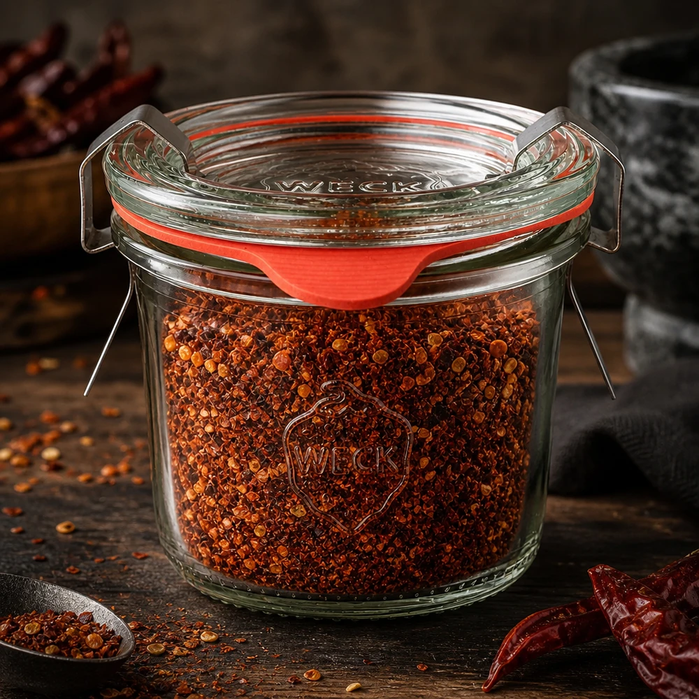 Słoik WECK o pojemności 80 ml, wypełniony pokrojoną papryczką chili, obok suszonych czerwonych papryczek chili