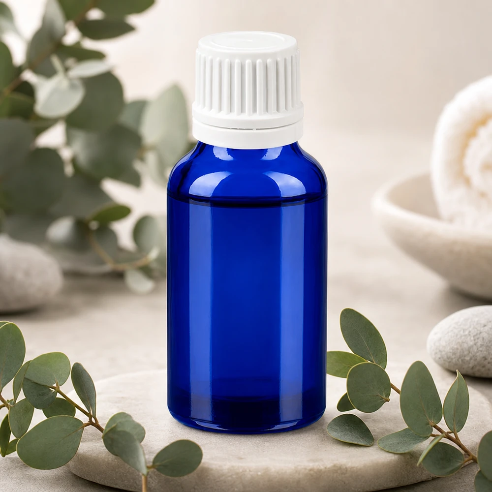 Butelka 20 ml 11 mm SV biała OV BlueLine UT18/20 Szklana butelka SV o pojemności 20 ml w kolorze niebieskim z białą nakrętką umożliwiającą łatwe manipulowanie w celu bezpiecznego przechowywania produktu.