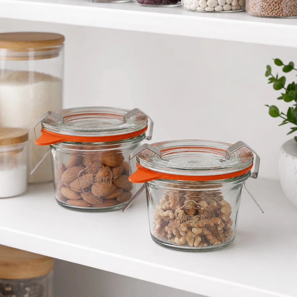 Pojemniki WECK 35ml RR40 w nowoczesnej kuchni do stylowego przechowywania orzechów i suchych produktów.