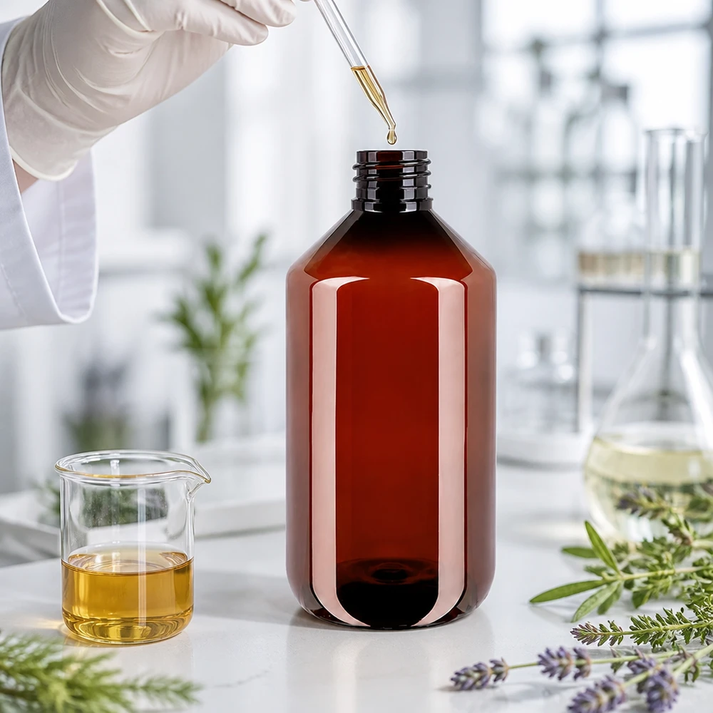 Brązowa butelka PET o pojemności 500 ml z korkiem odgazowującym, stosowana w laboratorium do olejków eterycznych