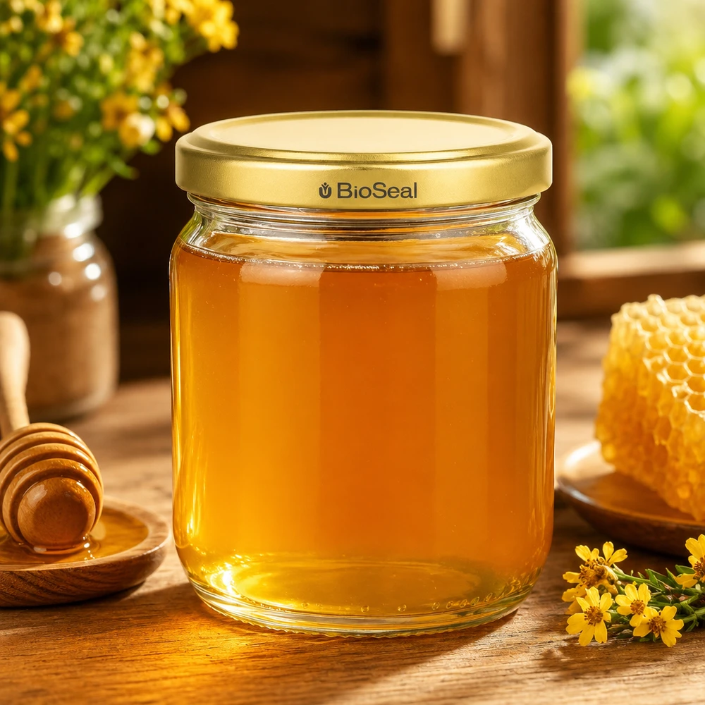 500g Honigglas mit goldenem Deckel BioSeal UNiTWIST 500g słoik miodu BioSeal ze złotą pokrywką wypełniony miodem obok plastra miodu i łyżki miodu na drewnianym stole