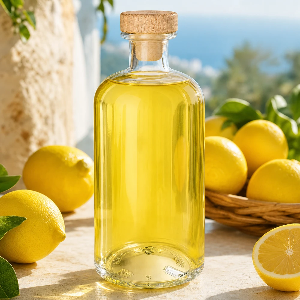 Flora 500ml szklana butelka z drewnianym korkiem wypełniona żółtym płynem pomiędzy świeżymi cytrynami na drewnianym stole