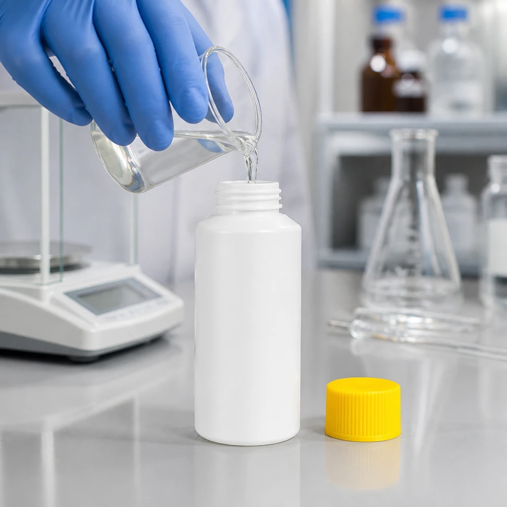 Butelka apteczna HDPE 30ml biała, z żółtym SV Laborant napełnia białą butelkę z HDPE o pojemności 30 ml z żółtą zakrętką przezroczystym płynem