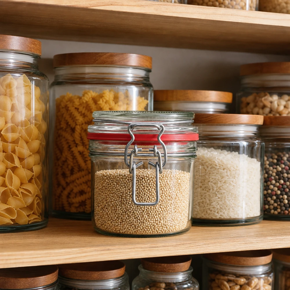 Słoik do przechowywania o pojemności 255 ml, typ G, z zamknięciem na zatrzask UN.. Vorratsgläser 255ml in organisierter Küchenpantry mit Nudeln, Reis und Gewürzen - praktische Küchenorganisation