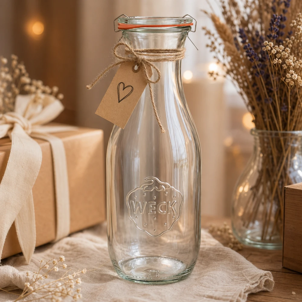 Butelka na sok o pojemności 1062 ml, kompletny zestaw WECK RR60 Butelka na sok WECK 1062ml RR60 dekoracyjna z jutowym sznurkiem i zawieszką w kształcie serca jako rustykalny prezent