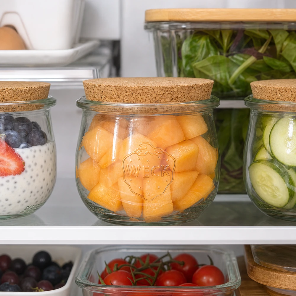 WECK Tulpenglas 370ml RR80 mit Naturkorken im Kühlschrank zur Aufbewahrung von Cantaloupe Melone und Gemüse