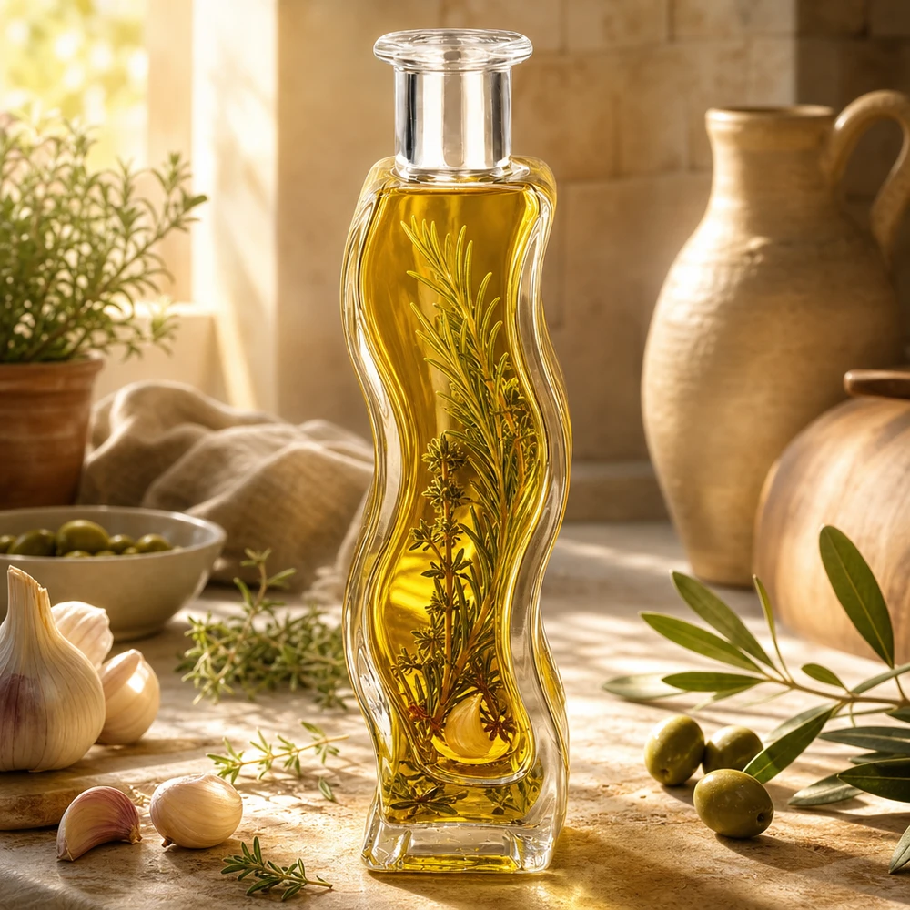 100 ml szklana butelka Melissa wypełniona olejkiem ziołowym i gałązkami rozmarynu w śródziemnomorskiej kuchni z oliwkami i ceramiką