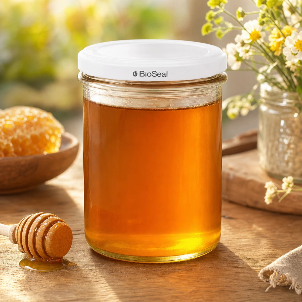 UNiTWIST Lintel350 z białą pokrywą TO82 BioSeal UNiTWIST Sturz350 mit weißem TO82 BioSeal Deckel gefüllt mit Honig zeigt perfekte Eignung für Marmeladen und Aufstriche